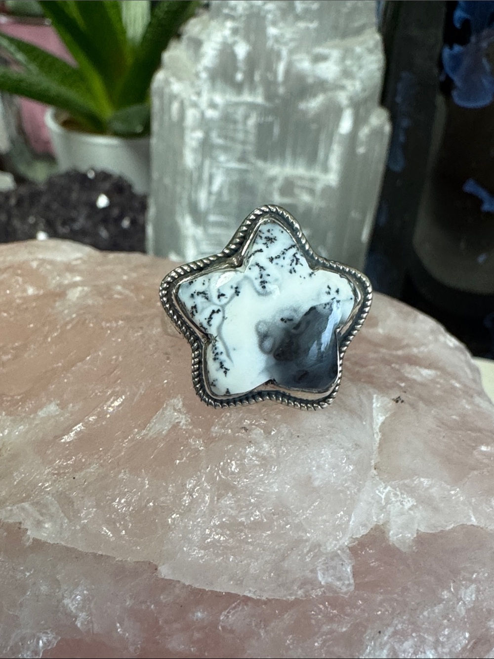 Star-Shaped Dendritic Opal Sterling Silver Ring in Black and White - Size 9